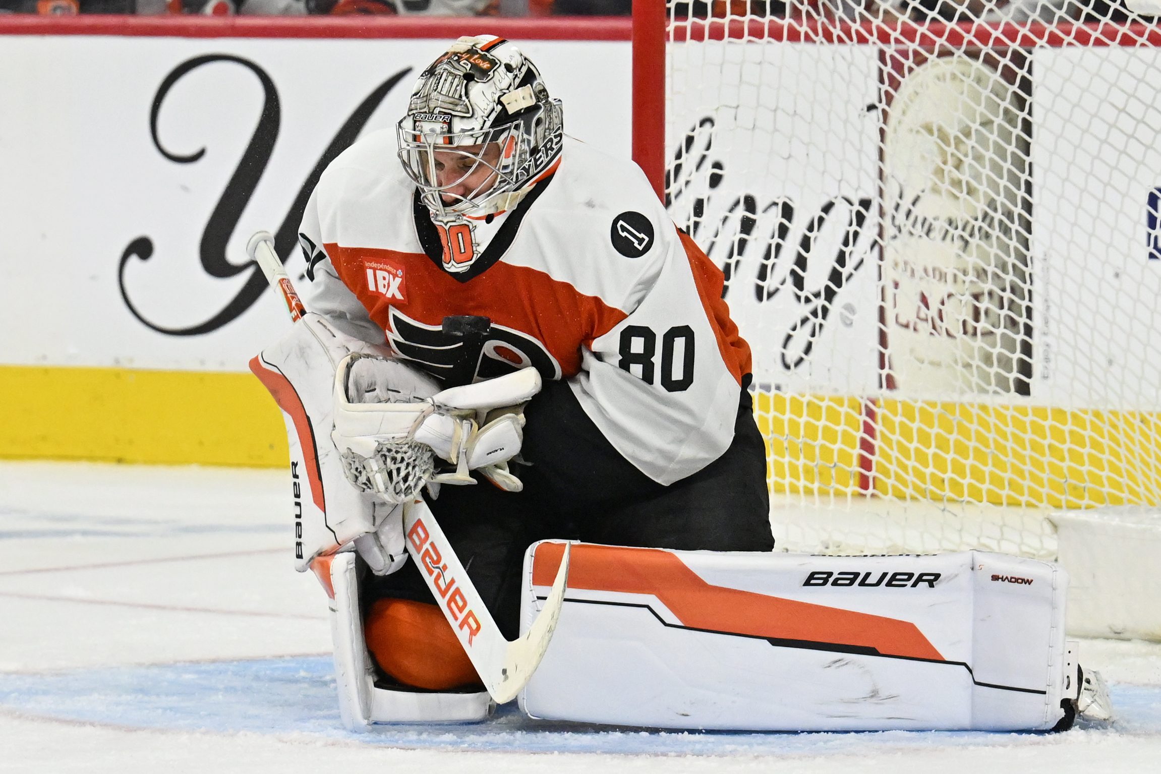 Jan 6, 2026; Philadelphia, Pennsylvania, USA; Philadelphia Flyers goaltender Dan Vladar (80) makes a save against the Anaheim Ducks during the second period at Xfinity Mobile Arena. Mandatory Credit: Eric Hartline-Imagn Images