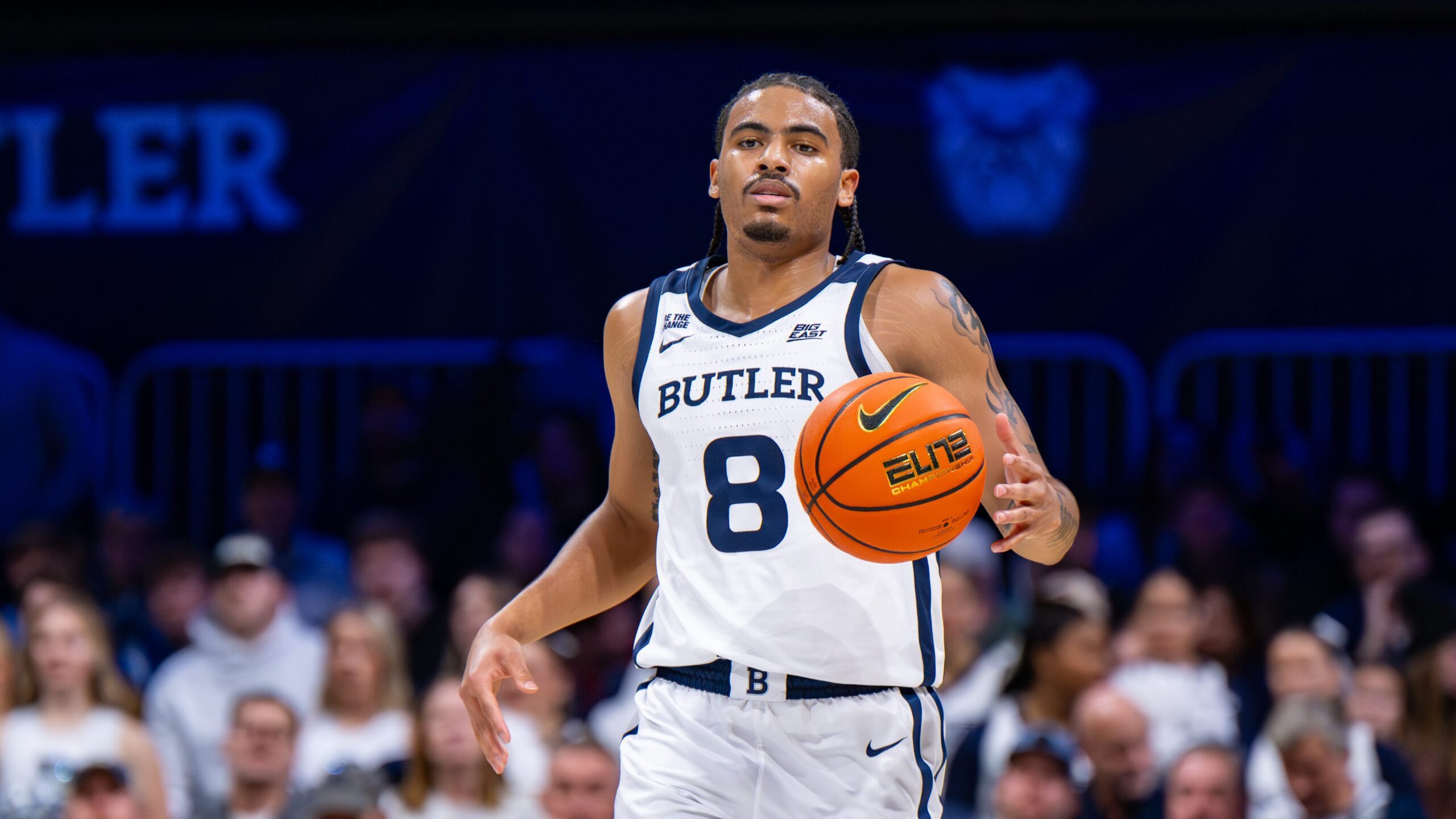 Butler Bulldogs guard Yame Butler (8) during the first half of an NCAA basketball game against the St. John's Red Storm, Tuesday, Jan. 6, 2026, in Indianapolis.