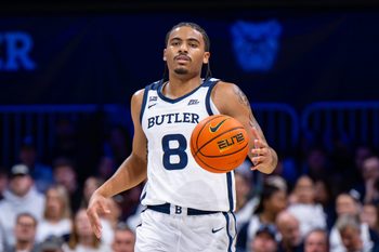 Butler Bulldogs guard Yame Butler (8) during the first half of an NCAA basketball game against the St. John's Red Storm, Tuesday, Jan. 6, 2026, in Indianapolis.