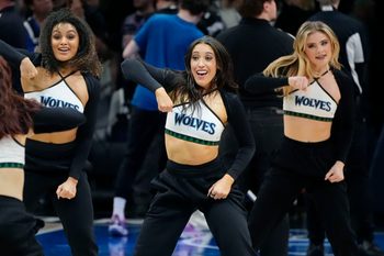 Jan 6, 2026; Minneapolis, Minnesota, USA; Minnesota Timberwolves dancers perform during a timeout with the Miami Heat in the fourth quarter at Target Center. Mandatory Credit: Bruce Kluckhohn-Imagn Images