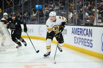 Jan 6, 2026; Seattle, Washington, USA; Boston Bruins center Morgan Geekie (39) plays the puck during the third period against the Seattle Kraken at Climate Pledge Arena. Mandatory Credit: Steven Bisig-Imagn Images