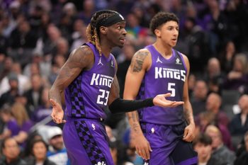 Jan 6, 2026; Sacramento, California, USA; Sacramento Kings guard Keon Ellis (23) reacts after a play against the Dallas Mavericks in the third quarter at the Golden 1 Center. Mandatory Credit: Cary Edmondson-Imagn Images