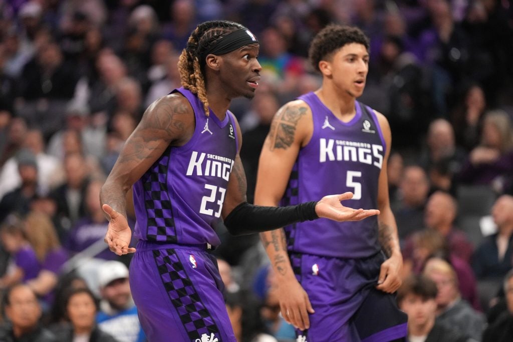 Jan 6, 2026; Sacramento, California, USA; Sacramento Kings guard Keon Ellis (23) reacts after a play against the Dallas Mavericks in the third quarter at the Golden 1 Center. Mandatory Credit: Cary Edmondson-Imagn Images