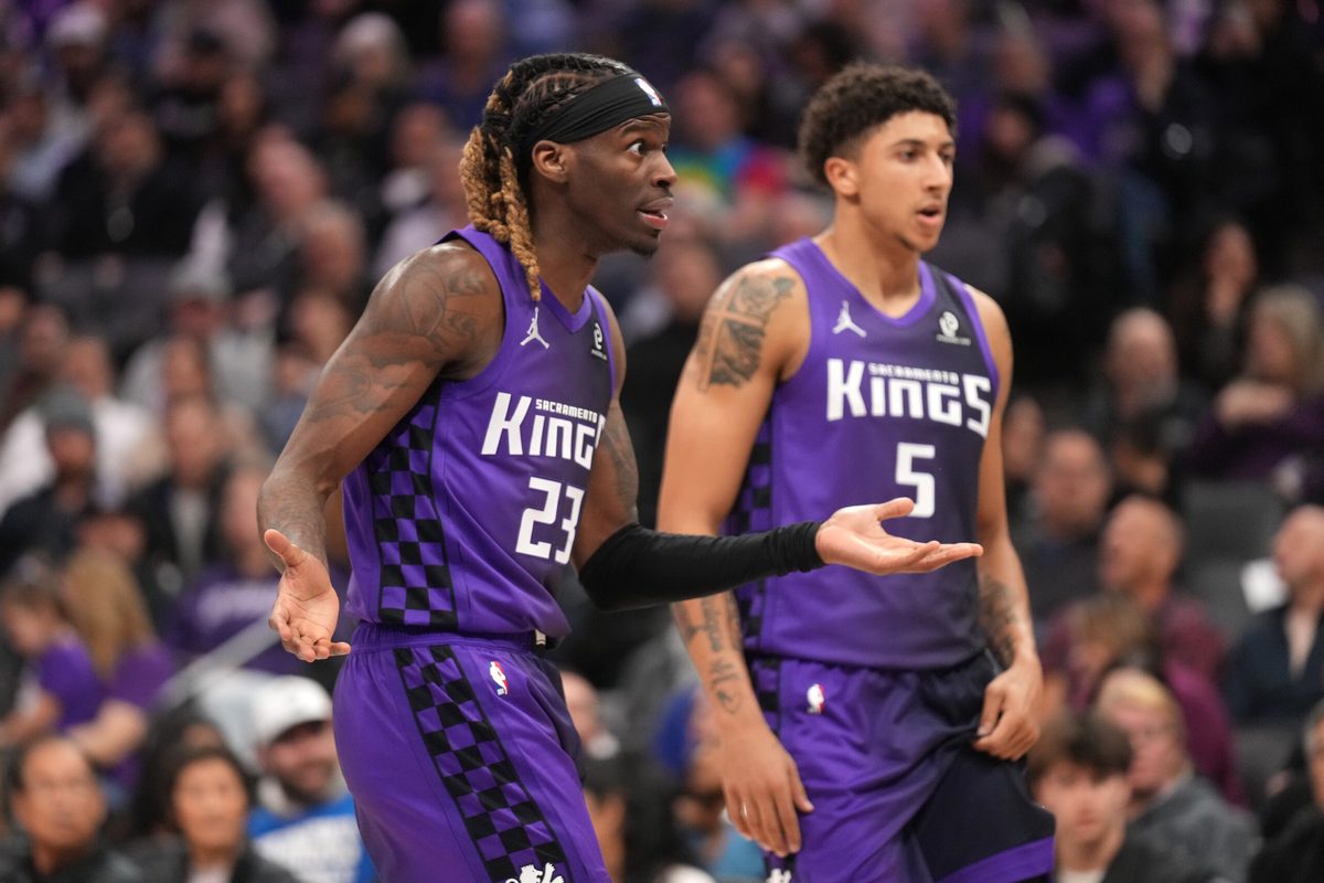 Jan 6, 2026; Sacramento, California, USA; Sacramento Kings guard Keon Ellis (23) reacts after a play against the Dallas Mavericks in the third quarter at the Golden 1 Center. Mandatory Credit: Cary Edmondson-Imagn Images