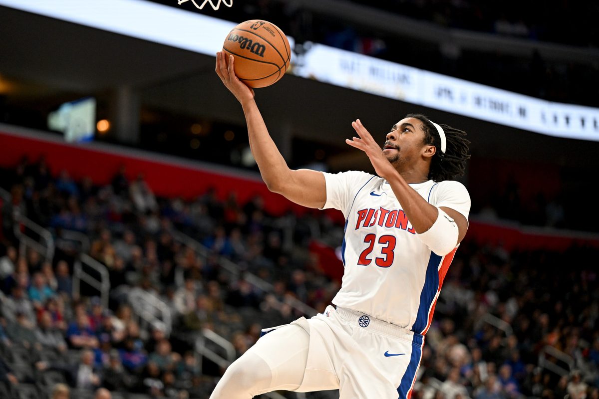 Jan 7, 2026; Detroit, Michigan, USA; Detroit Pistons guard Jaden Ivey (23) shoots the ball against the Chicago Bulls in the second quarter at Little Caesars Arena. Mandatory Credit: Lon Horwedel-Imagn Images