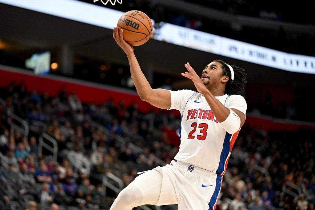 Jan 7, 2026; Detroit, Michigan, USA; Detroit Pistons guard Jaden Ivey (23) shoots the ball against the Chicago Bulls in the second quarter at Little Caesars Arena. Mandatory Credit: Lon Horwedel-Imagn Images