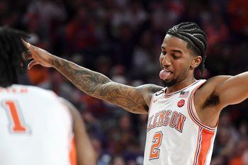 Clemson Tigers guard Dillon Hunter (2) celebrates after a Clemson basket Wednesday, Jan. 7, 2026, during the NCAA men’s basketball game against the SMU Mustangs at Littlejohn Coliseum in Clemson, South Carolina.