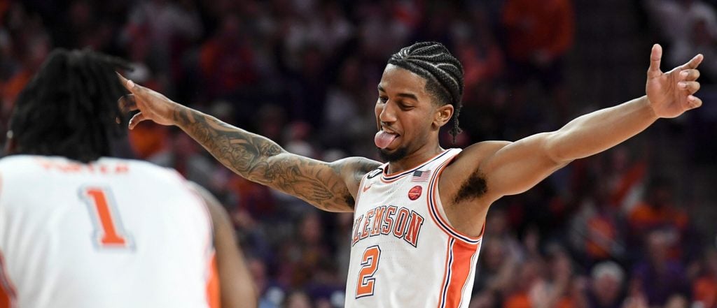 Clemson Tigers guard Dillon Hunter (2) celebrates after a Clemson basket Wednesday, Jan. 7, 2026, during the NCAA men’s basketball game against the SMU Mustangs at Littlejohn Coliseum in Clemson, South Carolina.