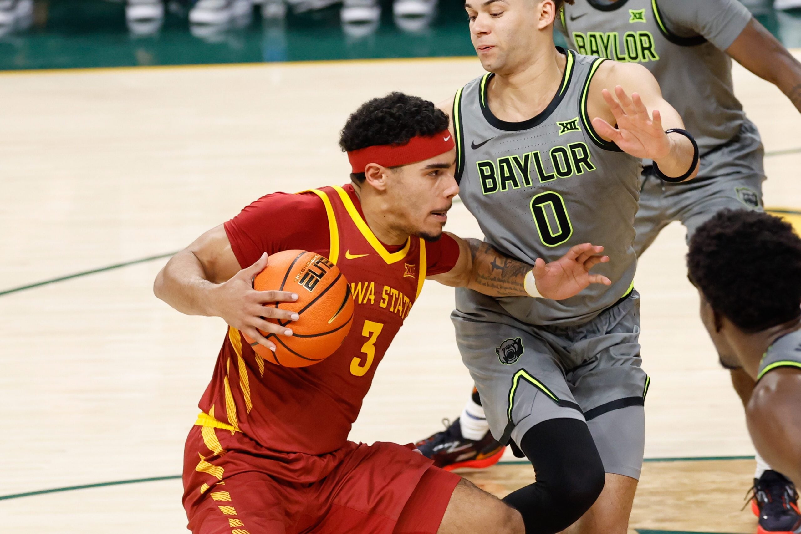 Jan 7, 2026; Waco, Texas, USA;  Iowa State Cyclones guard Tamin Lipsey (3) drives to the basket against Baylor Bears guard Dan Skillings Jr. (0) during the second half at Paul and Alejandra Foster Pavilion. Mandatory Credit: Chris Jones-Imagn Images