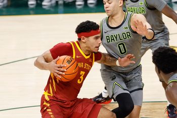 Jan 7, 2026; Waco, Texas, USA;  Iowa State Cyclones guard Tamin Lipsey (3) drives to the basket against Baylor Bears guard Dan Skillings Jr. (0) during the second half at Paul and Alejandra Foster Pavilion. Mandatory Credit: Chris Jones-Imagn Images
