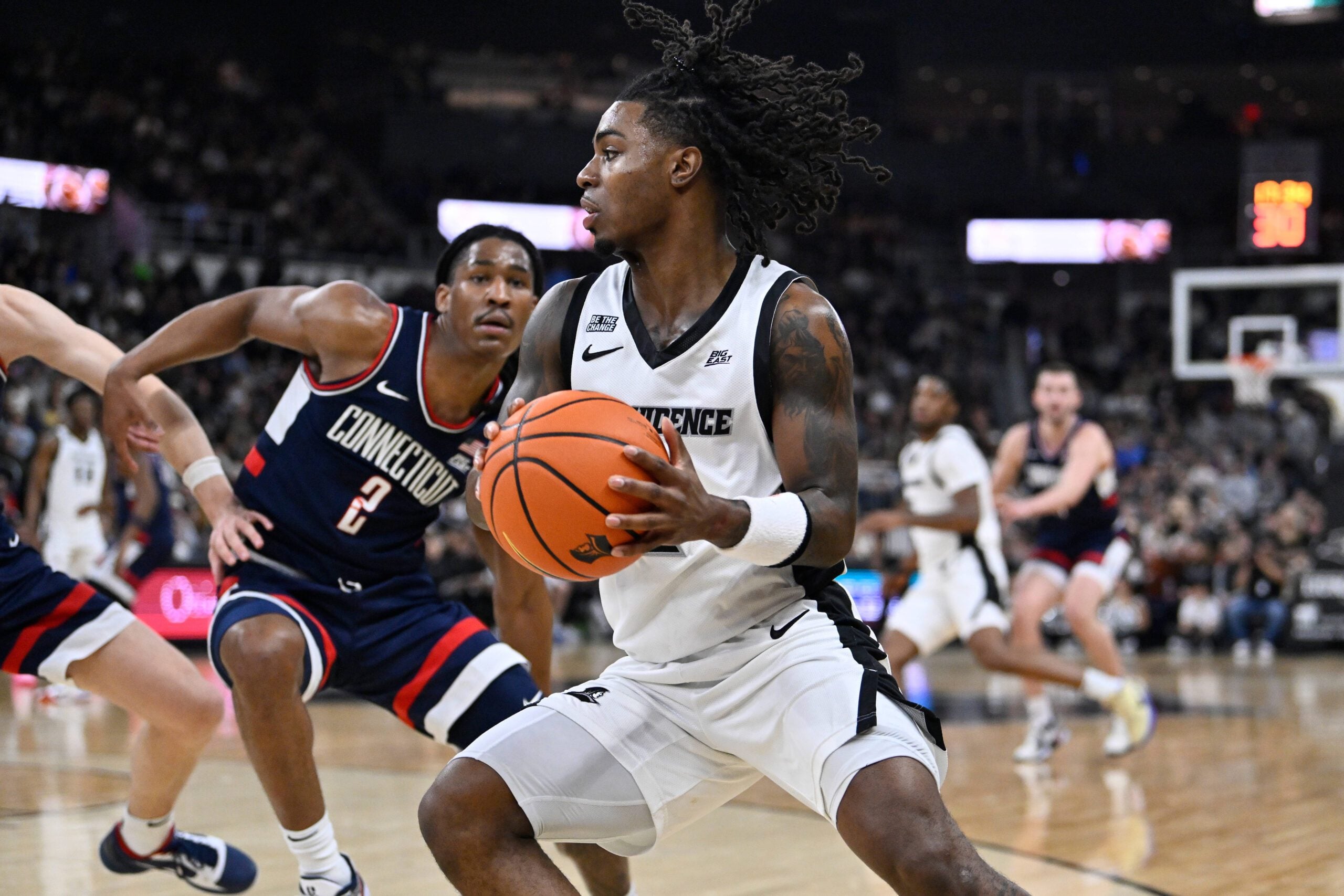 Jan 7, 2026; Providence, Rhode Island, USA; Providence Friars guard Jaylin Sellers (2) looks to pass the ball during the second half against the UConn Huskies at Amica Mutual Pavilion. Mandatory Credit: Eric Canha-Imagn Images