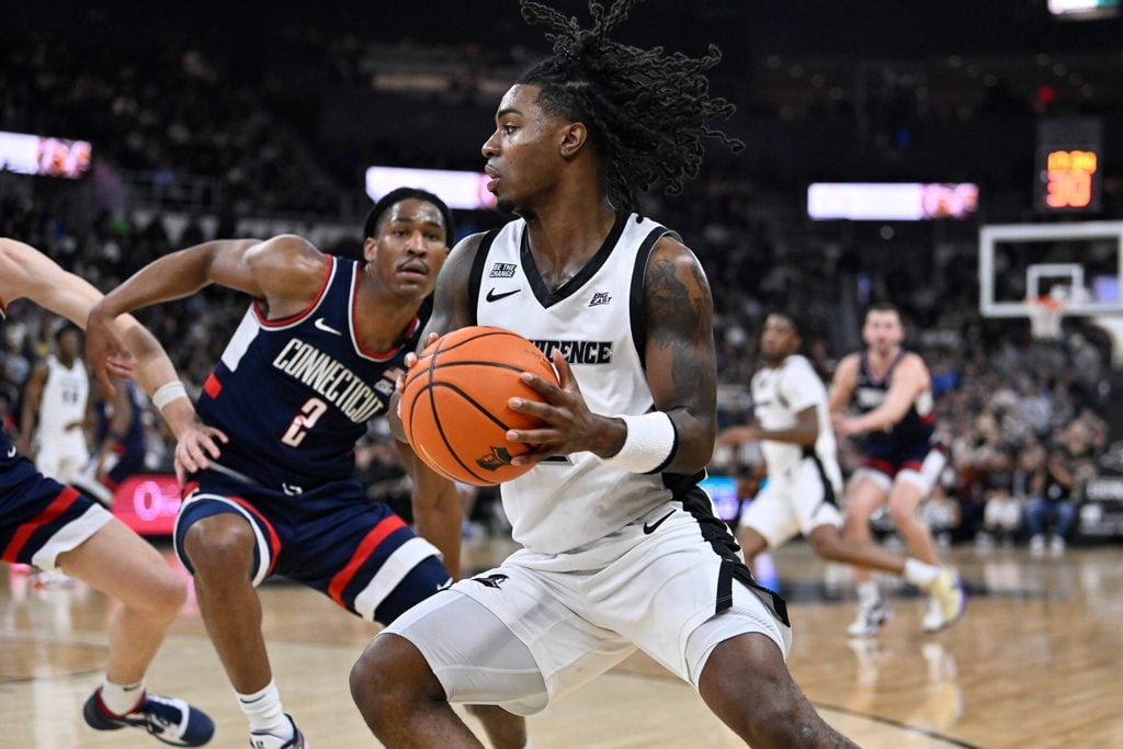 Jan 7, 2026; Providence, Rhode Island, USA; Providence Friars guard Jaylin Sellers (2) looks to pass the ball during the second half against the UConn Huskies at Amica Mutual Pavilion. Mandatory Credit: Eric Canha-Imagn Images