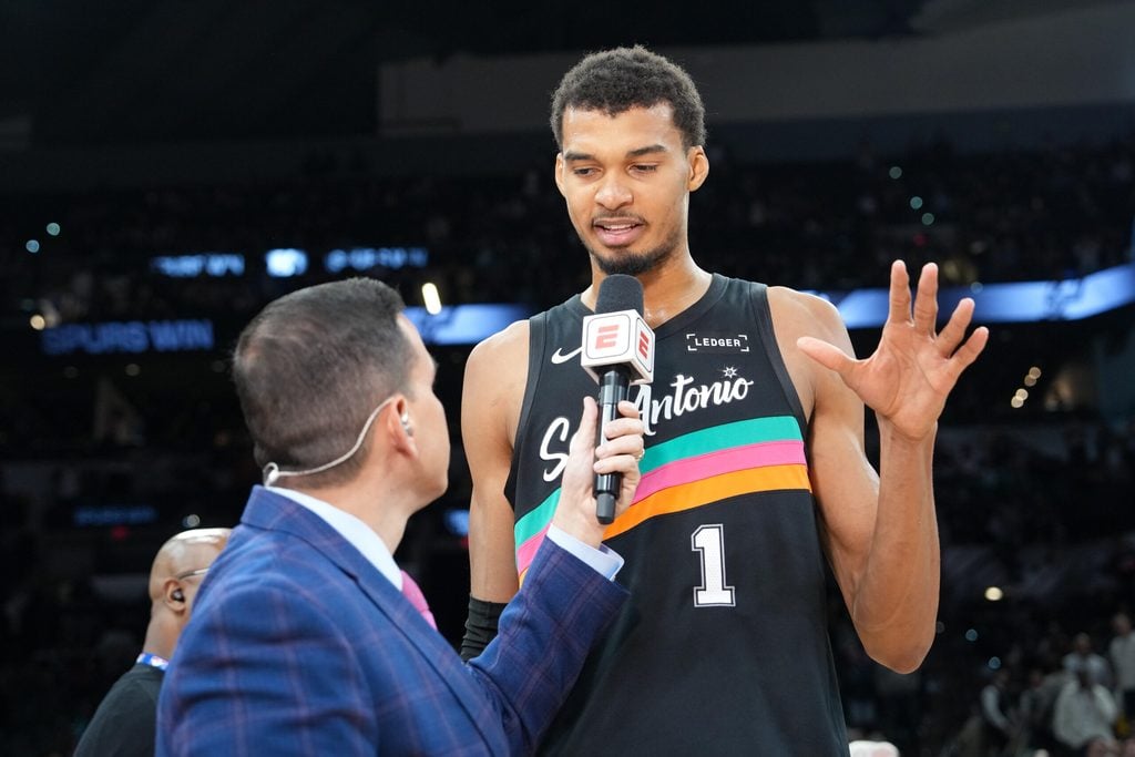 Jan 7, 2026; San Antonio, Texas, USA; San Antonio Spurs forward/center Victor Wembanyama (1) gives and interview after the game against the Los Angeles Lakers at Frost Bank Center. Mandatory Credit: Daniel Dunn-Imagn Images