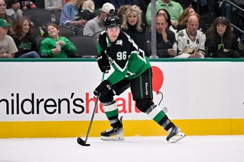 Jan 4, 2026; Dallas, Texas, USA; Dallas Stars right wing Mikko Rantanen (96) skates against the Montreal Canadiens during the game between the Stars and the Canadiens at the American Airlines Center. Mandatory Credit: Jerome Miron-Imagn Images