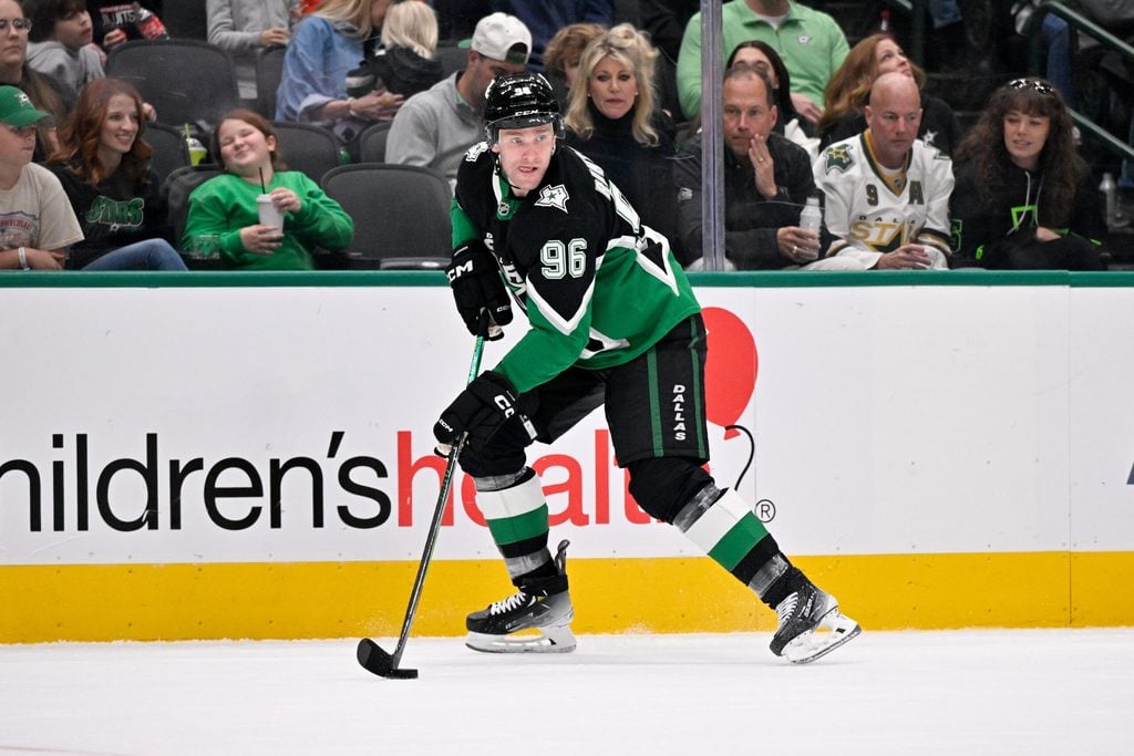 Jan 4, 2026; Dallas, Texas, USA; Dallas Stars right wing Mikko Rantanen (96) skates against the Montreal Canadiens during the game between the Stars and the Canadiens at the American Airlines Center. Mandatory Credit: Jerome Miron-Imagn Images