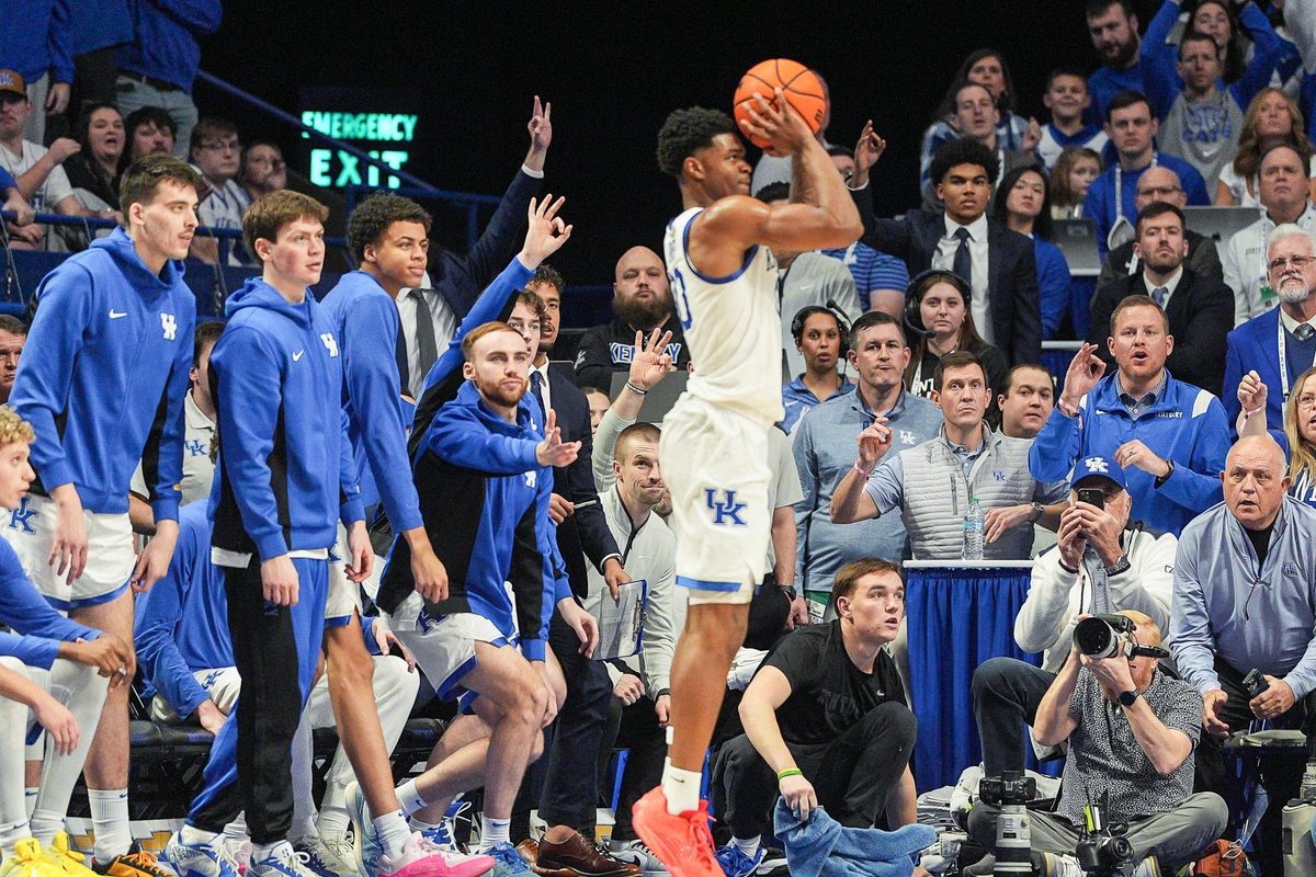 Kentucky Wildcats guard Otega Oweh (00) goes up for a three-point shot in the second half during the Wildcats' loss to the Tigers during SEC college basketball at Rupp Arena in Lexington, Kentucky January 7, 2026.