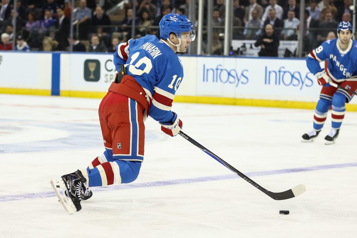 Jan 8, 2026; New York, New York, USA; New York Rangers left wing Artemi Panarin (10) controls the puck in the first period against the Buffalo Sabres at Madison Square Garden. Mandatory Credit: Wendell Cruz-Imagn Images
