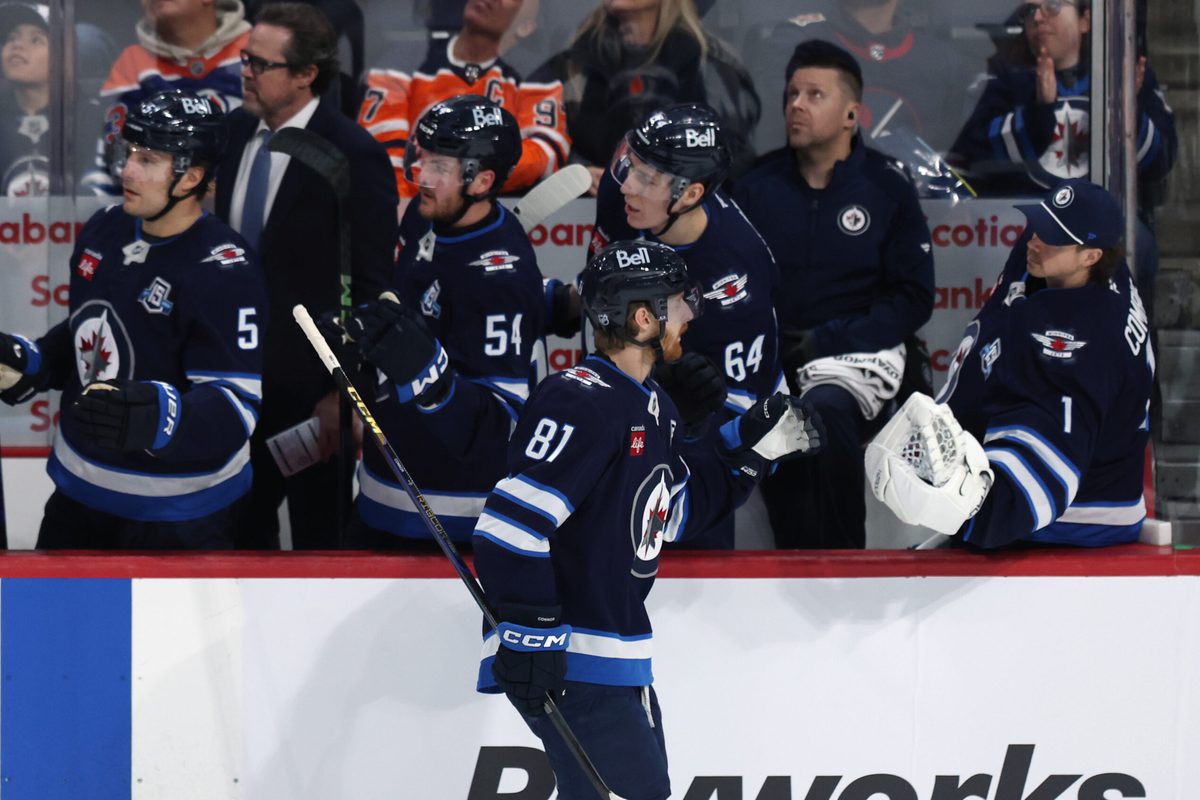 Jan 8, 2026; Winnipeg, Manitoba, CAN; Winnipeg Jets left wing Kyle Connor (81) celebrates a goal against the Edmonton Oilers in the first period at Canada Life Centre. Mandatory Credit: James Carey Lauder-Imagn Images