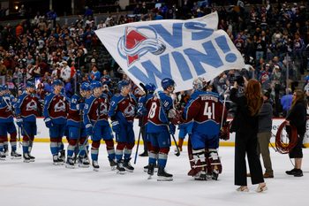 Jan 8, 2026; Denver, Colorado, USA; Colorado Avalanche players celebrate after the game against the Ottawa Senators at Ball Arena. Mandatory Credit: Isaiah J. Downing-Imagn Images
