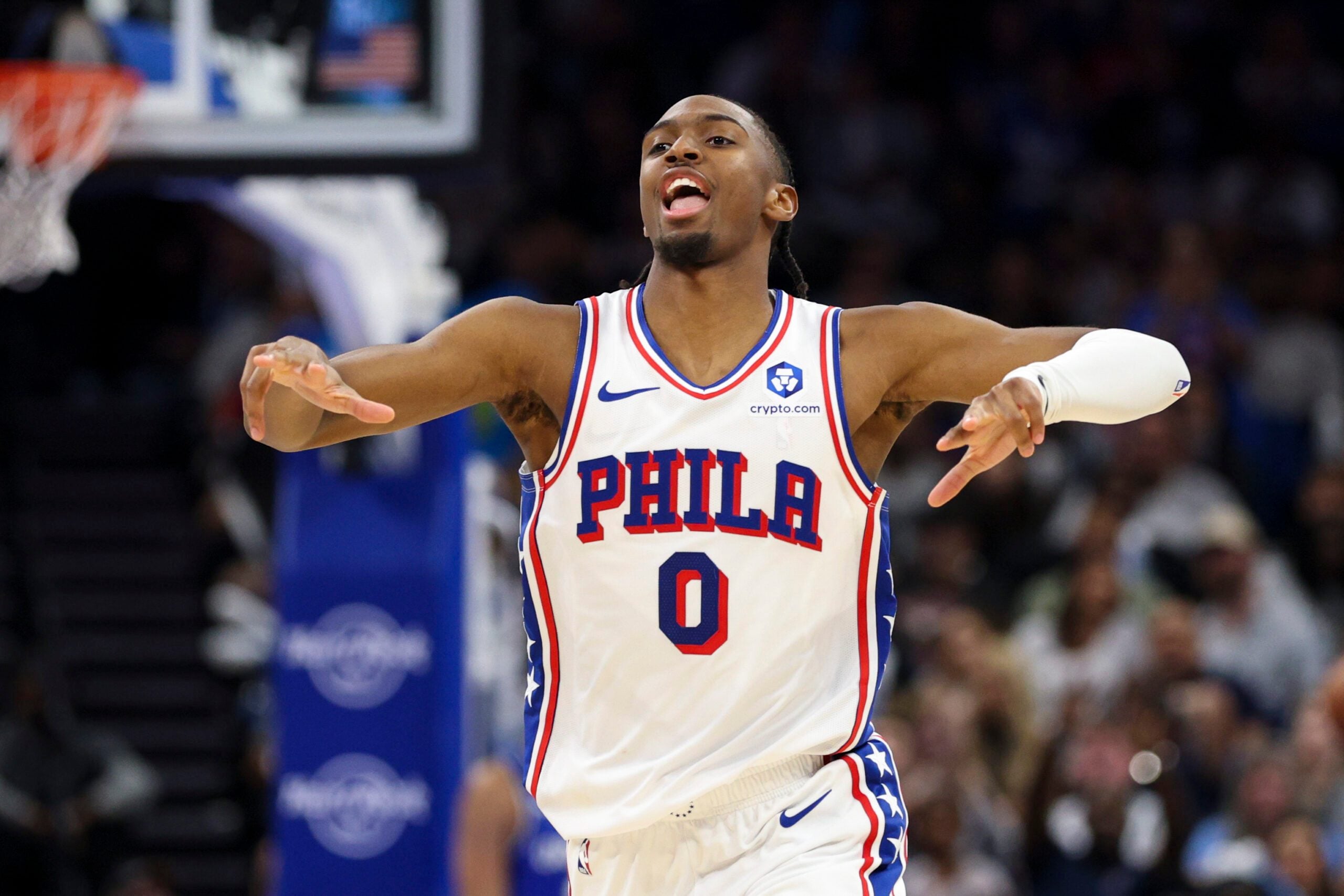Jan 9, 2026; Orlando, Florida, USA; Philadelphia 76ers guard Tyrese Maxey (0) reacts after making a threee point shot against the Orlando Magic in the fourth quarter at Kia Center. Mandatory Credit: Nathan Ray Seebeck-Imagn Images