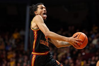Jan 9, 2026; Minneapolis, Minnesota, USA; Southern California Trojans forward Chad Baker-Mazara (4) drives towards the basket against the Minnesota Golden Gophers during the second half at Williams Arena. Mandatory Credit: Matt Krohn-Imagn Images