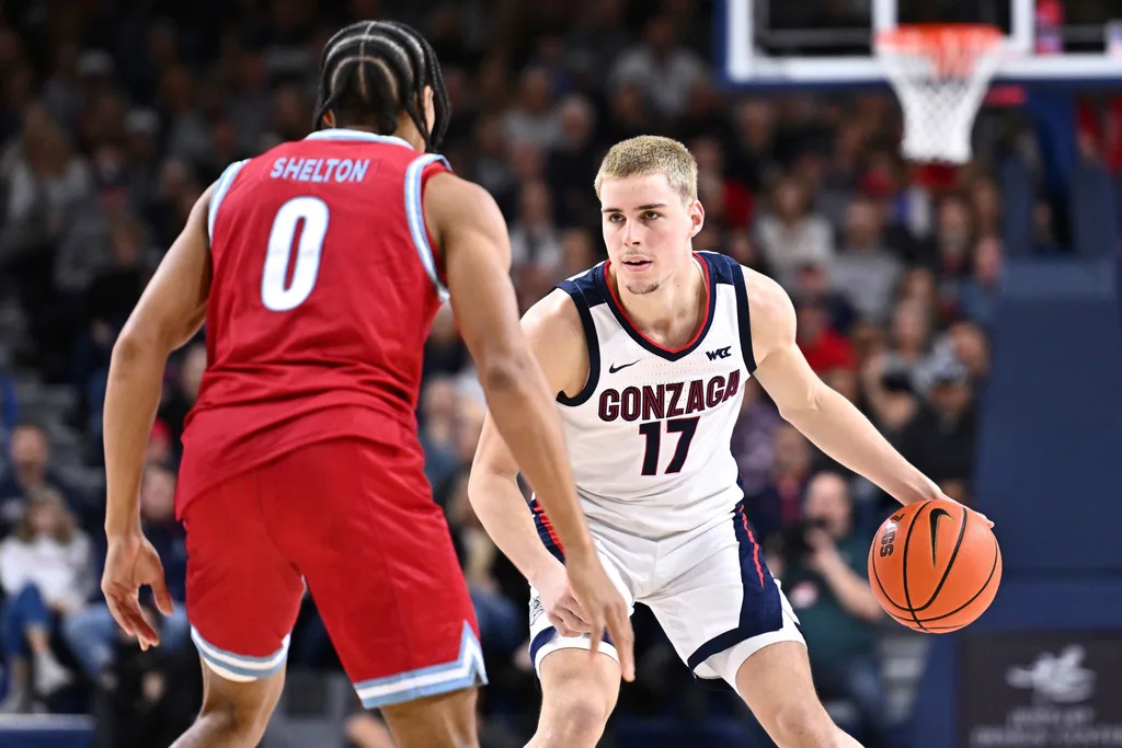 Jan 4, 2026; Spokane, Washington, USA;Gonzaga Bulldogs guard Mario Saint-Supery (17) controls the ball against Loyola Marymount Lions guard Nakyel Shelton (0) in the second half at McCarthey Athletic Center. Mandatory Credit: James Snook-Imagn Images