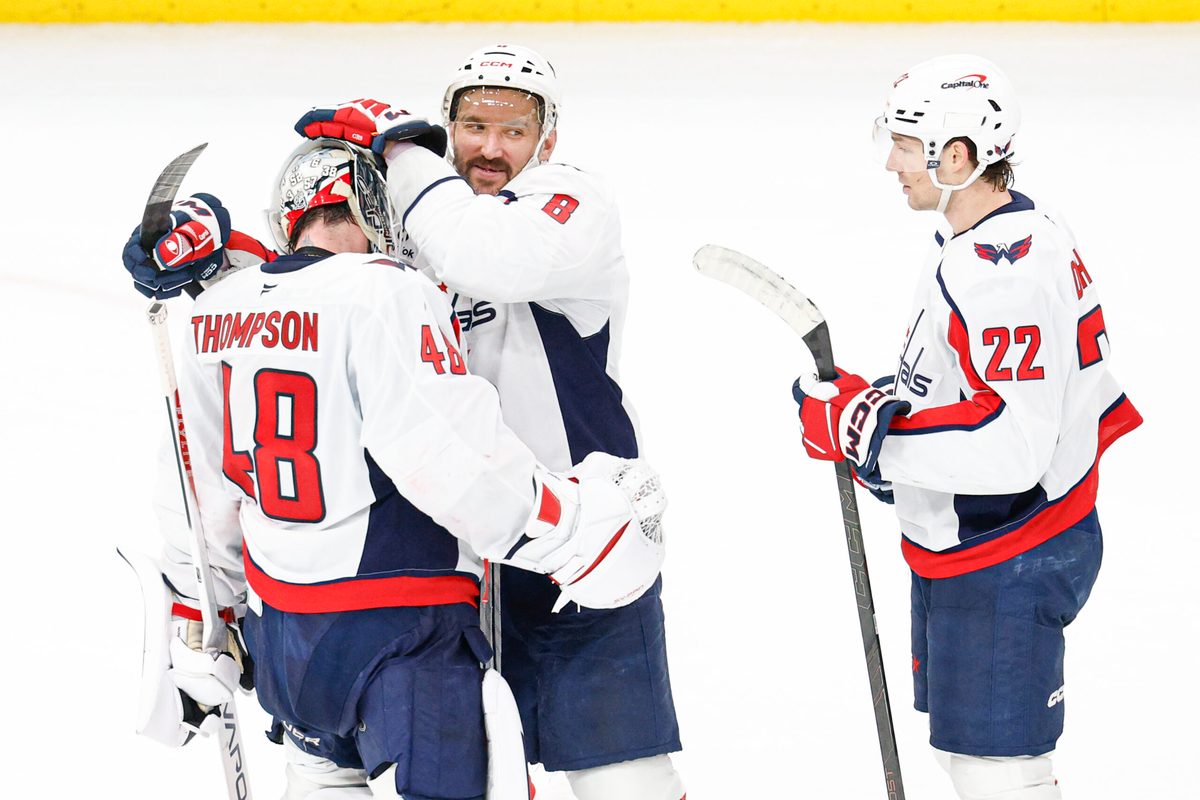 Jan 9, 2026; Chicago, Illinois, USA; Washington Capitals left wing Alex Ovechkin (8) celebrates with goaltender Logan Thompson (48) after defeating the Chicago Blackhawks at United Center. Mandatory Credit: Kamil Krzaczynski-Imagn Images