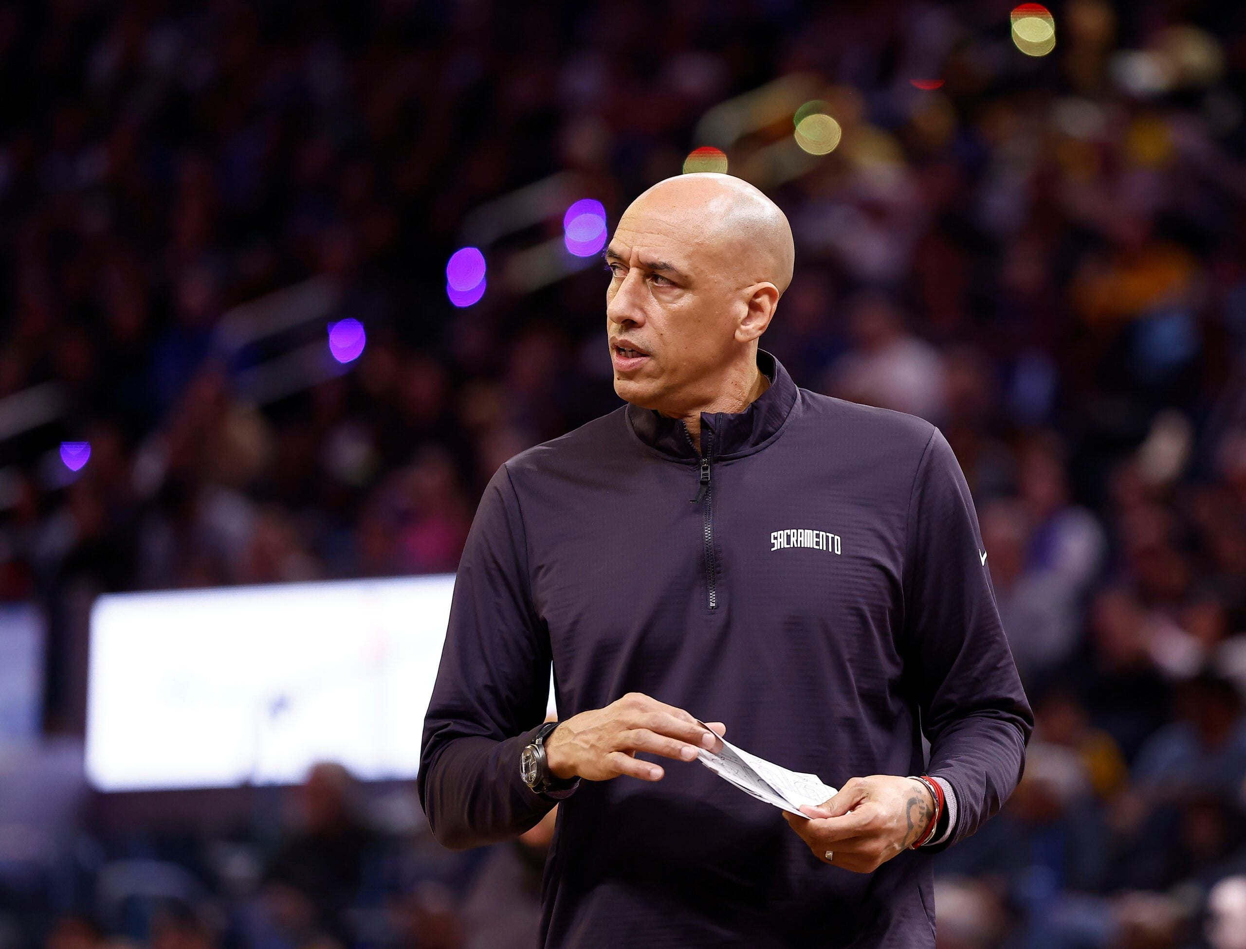 Jan 9, 2026; San Francisco, California, USA; Sacramento Kings head coach Doug Christie during a timeout against the Golden State Warriors during the third quarter at Chase Center. Mandatory Credit: Kelley L Cox-Imagn Images
