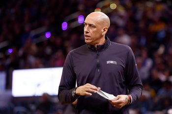 Jan 9, 2026; San Francisco, California, USA; Sacramento Kings head coach Doug Christie during a timeout against the Golden State Warriors during the third quarter at Chase Center. Mandatory Credit: Kelley L Cox-Imagn Images