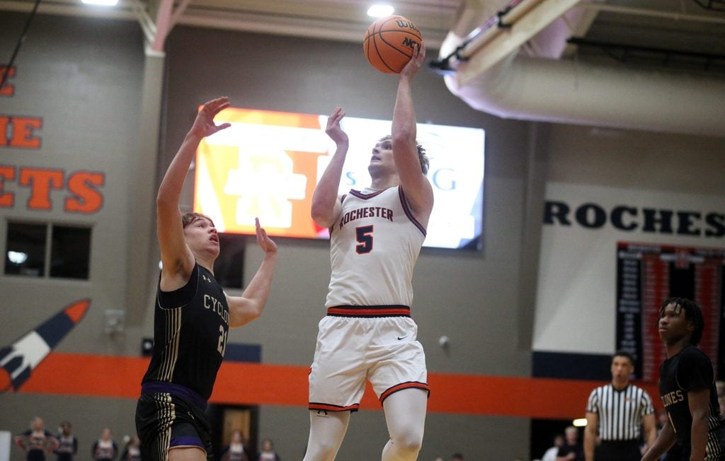 Rochester's Eli Cox goes up for a shot against Sacred Heart-Griffin during a Central State Eight Conference boys basketball game at the Rochester Athletic Complex on Friday, Jan. 9, 2026.
