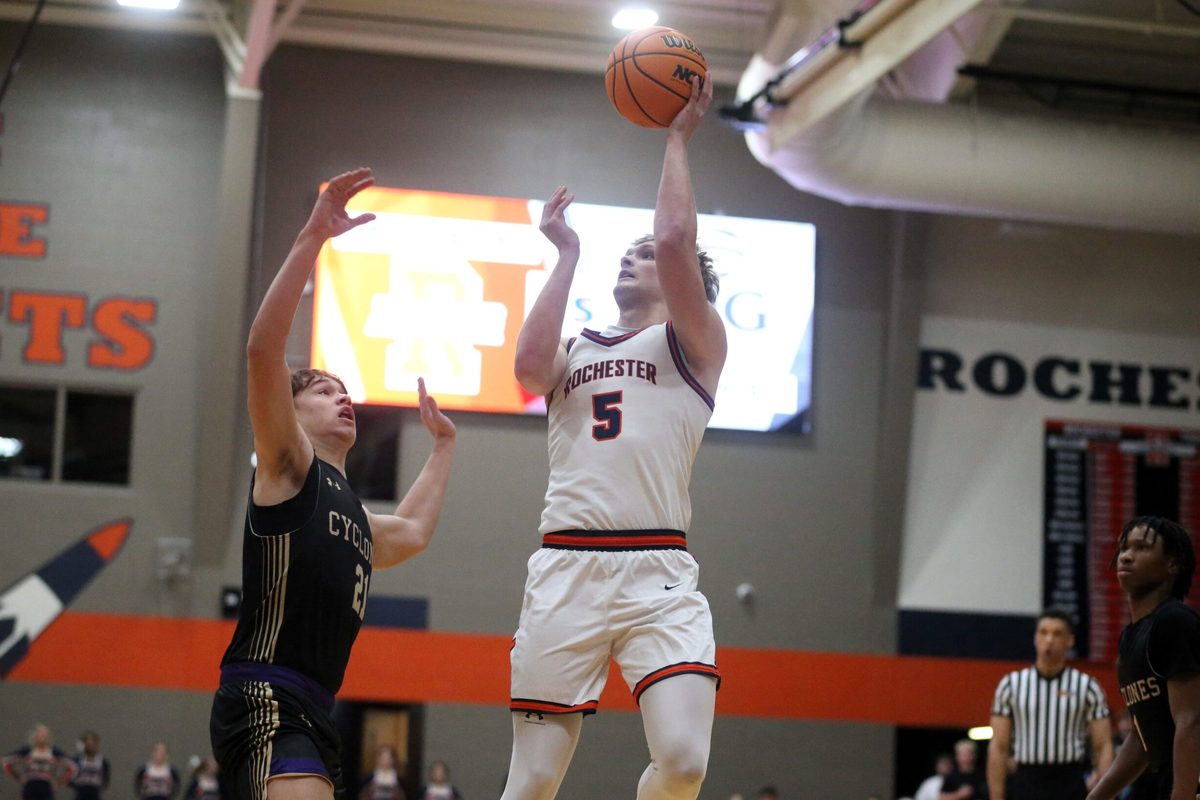 Rochester's Eli Cox goes up for a shot against Sacred Heart-Griffin during a Central State Eight Conference boys basketball game at the Rochester Athletic Complex on Friday, Jan. 9, 2026.