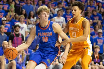 Florida forward Thomas Haugh (10) drives on Tennessee forward Nate Ament (10) during first half of an NCAA basketball at Steven C. O'Connell Center Exactek arena in Gainesville, FL on Saturday, January 10, 2026. [Alan Youngblood/Gainesville Sun]