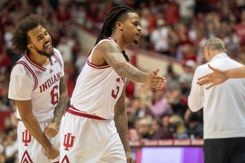 Indiana's Tayton Conerway (6) cheers as Lamar Wilkerson (3) celebrates after his basket and foul during the Indiana versus Nebraska mens basketball game at Simon Skjodt Assembly Hall on Saturday, Jan. 10, 2026.