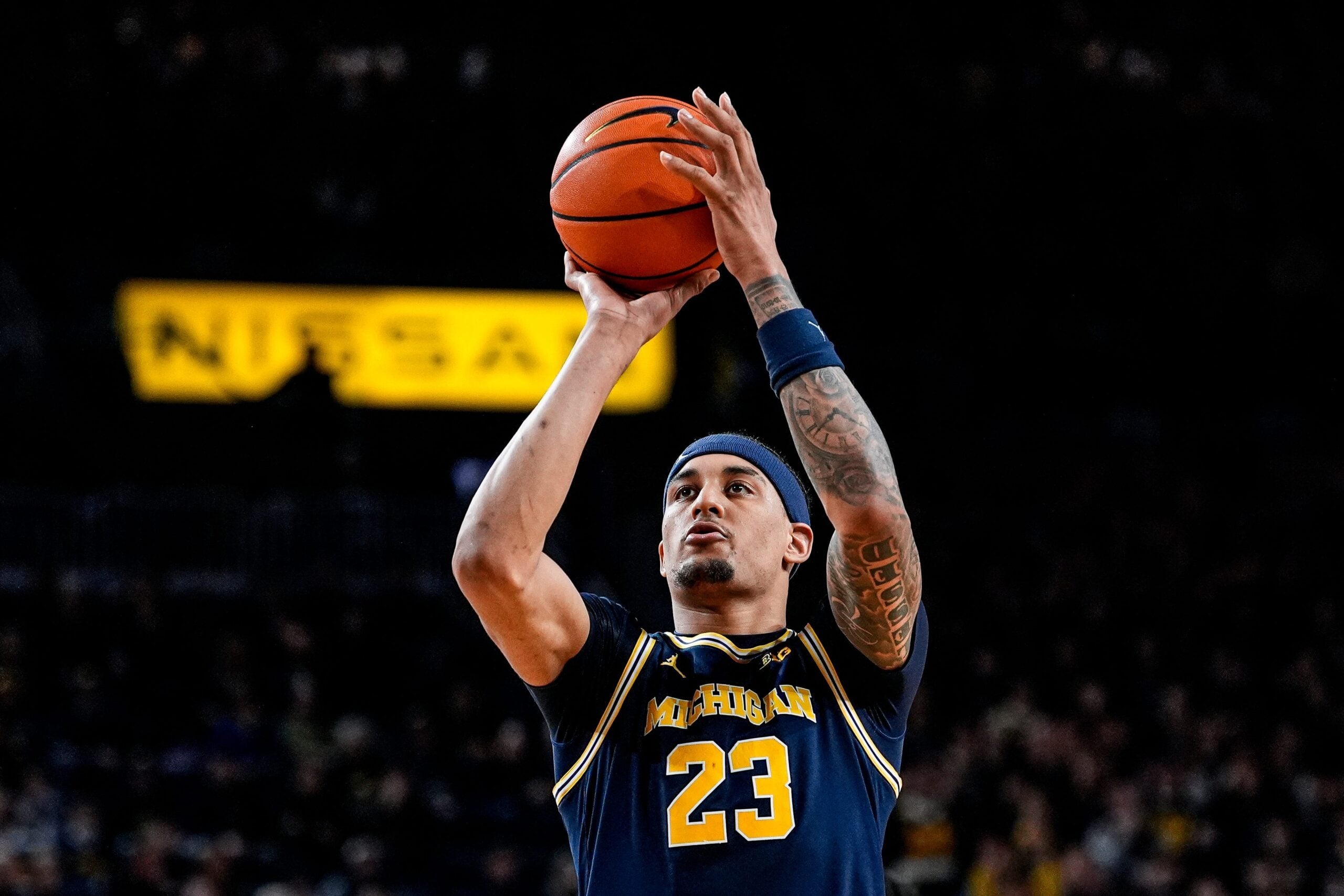 Michigan forward Yaxel Lendeborg (23) attempts a free throw against Wisconsin during the second half at Crisler Center in Ann Arbor on Saturday, Jan. 10, 2026.