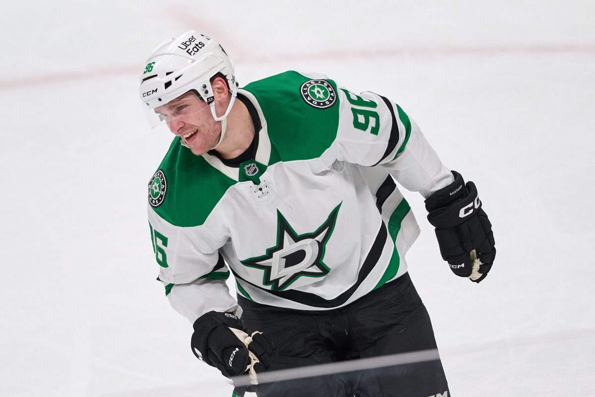 Jan 10, 2026; San Jose, California, USA; Dallas Stars right wing Mikko Rantanen (96) reacts and skates to the penalty box after being called for a holding penalty against San Jose Sharks center Alexander Wennberg (not pictured) during the overtime period at SAP Center at San Jose. Mandatory Credit: Robert Edwards-Imagn Images