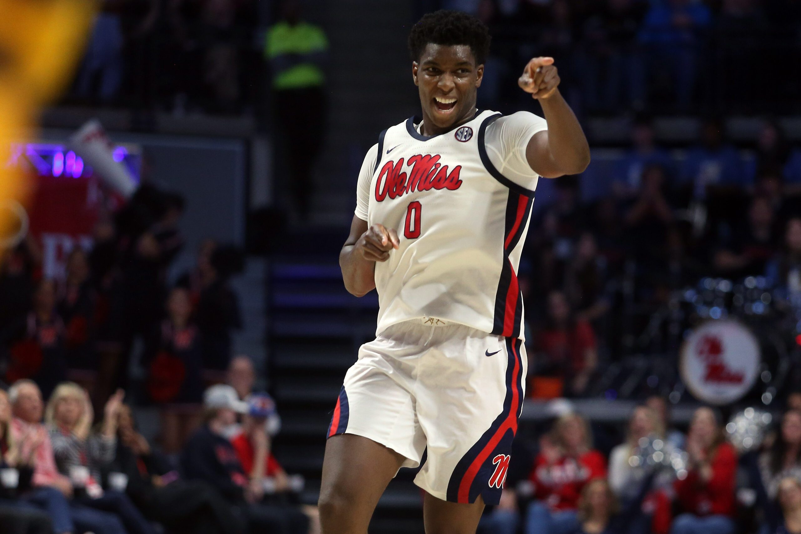 Jan 10, 2026; Oxford, Mississippi, USA; Mississippi Rebels forward Malik Dia (0) reacts after a basket during the second half against the Missouri Tigers at The Sandy and John Black Pavilion at Ole Miss. Mandatory Credit: Petre Thomas-Imagn Images