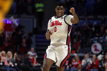 Jan 10, 2026; Oxford, Mississippi, USA; Mississippi Rebels forward Malik Dia (0) reacts after a basket during the second half against the Missouri Tigers at The Sandy and John Black Pavilion at Ole Miss. Mandatory Credit: Petre Thomas-Imagn Images