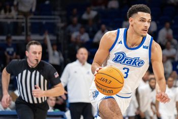 Drake's Jalen Quinn secures a steal during a game at Knapp Center on Saturday, Jan. 10, 2026 in Des Moines.