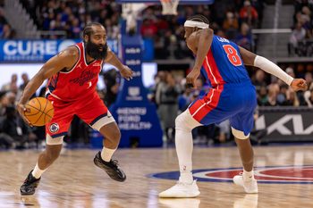 Jan 10, 2026; Detroit, Michigan, USA; Detroit Pistons guard Caris LeVert (8) defends against LA Clippers guard James Harden (1) during the second half at Little Caesars Arena. Mandatory Credit: David Reginek-Imagn Images