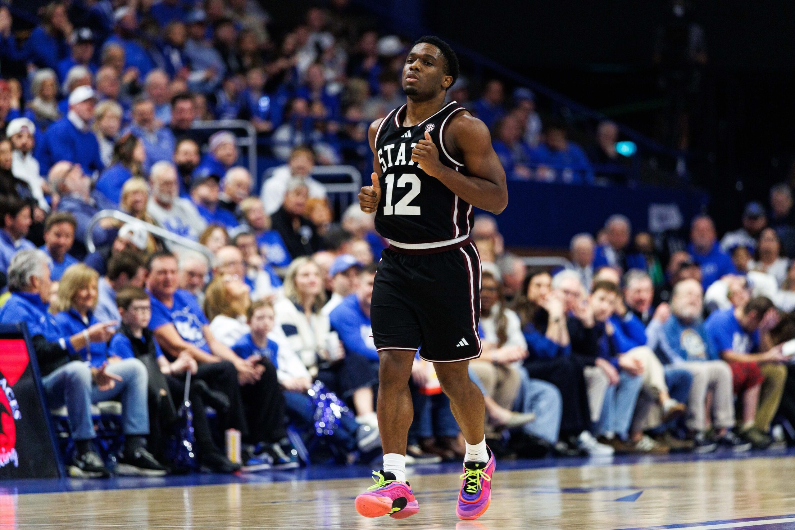 Jan 10, 2026; Lexington, Kentucky, USA; Mississippi State Bulldogs guard Josh Hubbard (12) runs down the court after making a three point basket during the first half against the Kentucky Wildcats at Rupp Arena at Central Bank Center. Mandatory Credit: Jordan Prather-Imagn Images