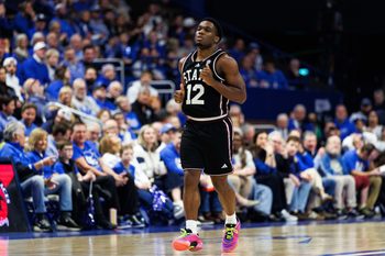 Jan 10, 2026; Lexington, Kentucky, USA; Mississippi State Bulldogs guard Josh Hubbard (12) runs down the court after making a three point basket during the first half against the Kentucky Wildcats at Rupp Arena at Central Bank Center. Mandatory Credit: Jordan Prather-Imagn Images
