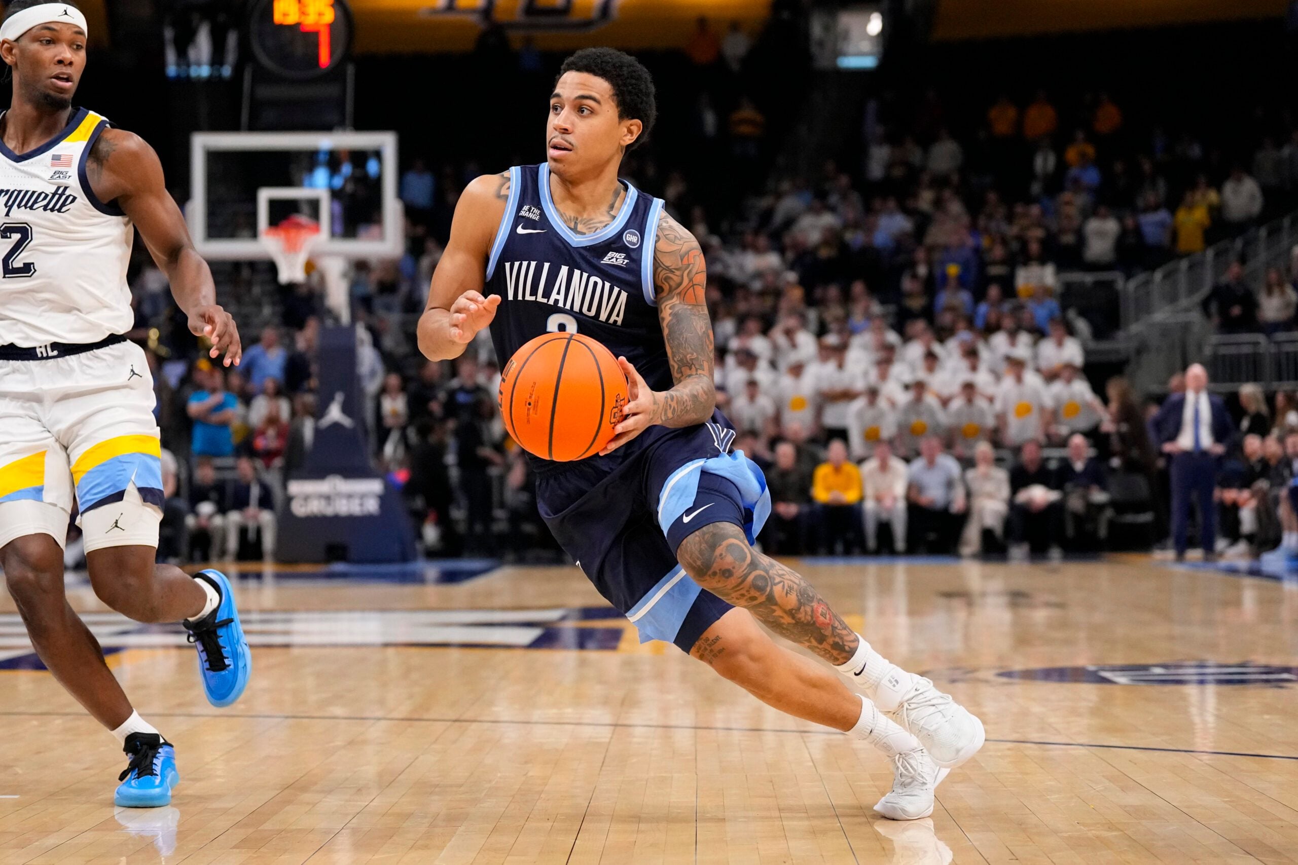 Jan 10, 2026; Milwaukee, Wisconsin, USA;  Villanova Wildcats guard Bryce Lindsay (2) during the game against the Marquette Golden Eagles at Fiserv Forum. Mandatory Credit: Jeff Hanisch-Imagn Images