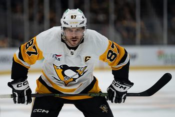 Jan 11, 2026; Boston, Massachusetts, USA; Pittsburgh Penguins center Sidney Crosby (87) prepares for a face-off during the second period of the game against the Boston Bruins at TD Garden. Mandatory Credit: Natalie Reid-Imagn Images