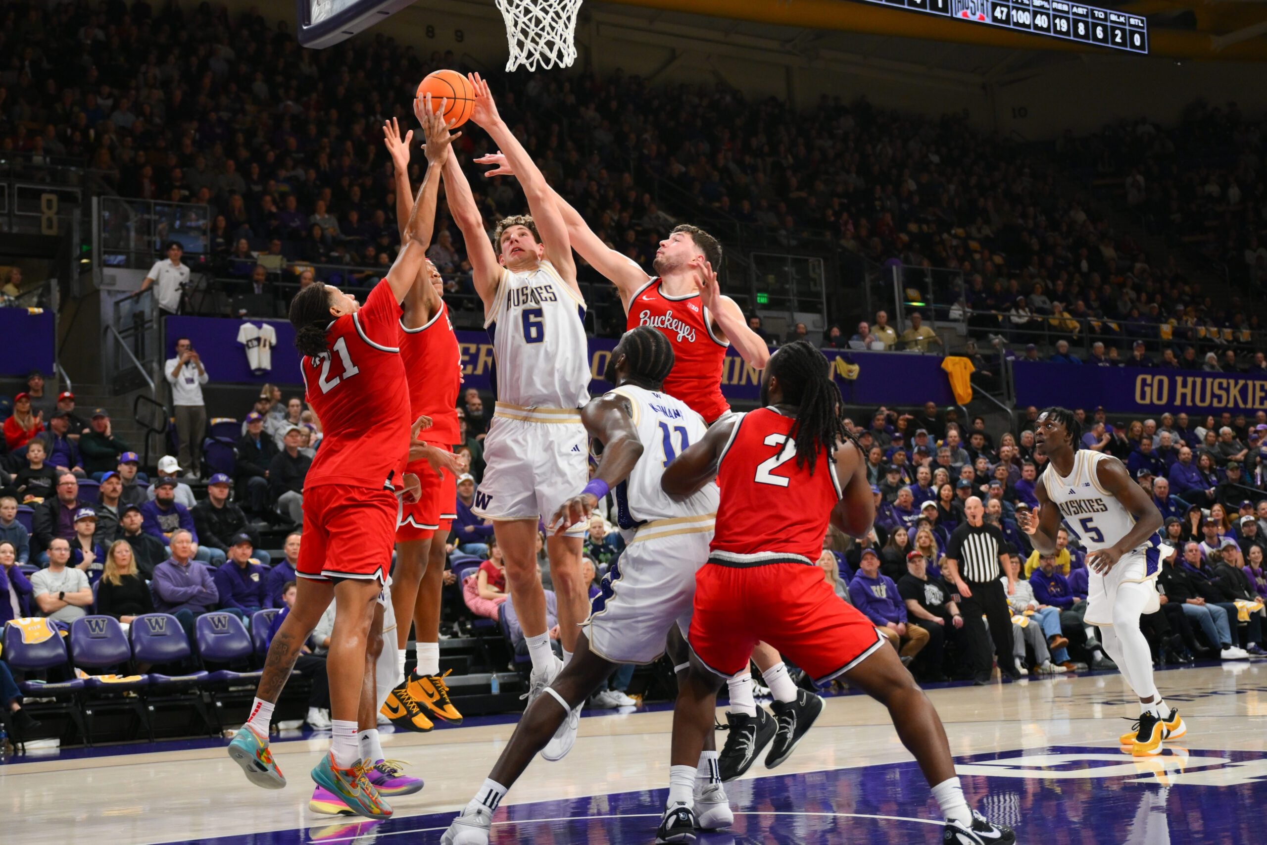 Jan 11, 2026; Seattle, Washington, USA; Washington Huskies forward Hannes Steinbach (6) shoots the ball during the first half against the Ohio State Buckeyes at Alaska Airlines Arena at Hec Edmundson Pavilion. Mandatory Credit: Steven Bisig-Imagn Images