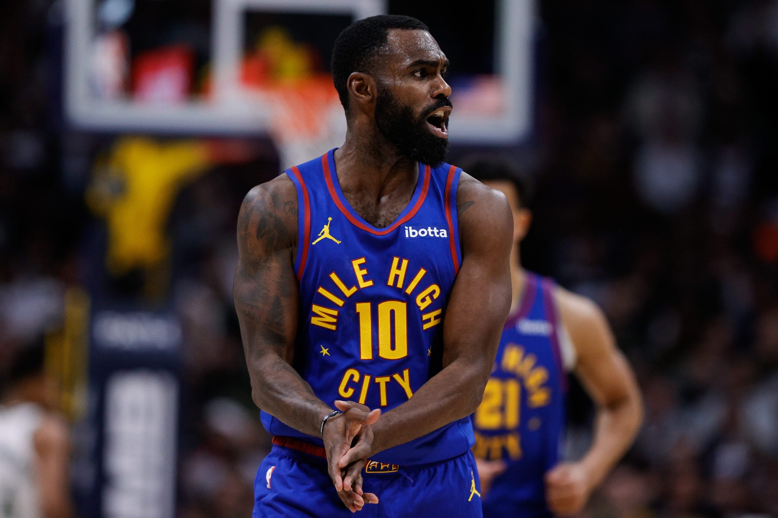 Jan 11, 2026; Denver, Colorado, USA; Denver Nuggets guard Tim Hardaway Jr. (10) reacts in the fourth quarter against the Milwaukee Bucks at Ball Arena. Mandatory Credit: Isaiah J. Downing-Imagn Images