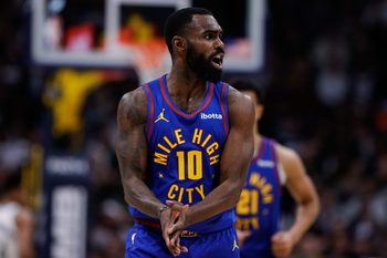 Jan 11, 2026; Denver, Colorado, USA; Denver Nuggets guard Tim Hardaway Jr. (10) reacts in the fourth quarter against the Milwaukee Bucks at Ball Arena. Mandatory Credit: Isaiah J. Downing-Imagn Images