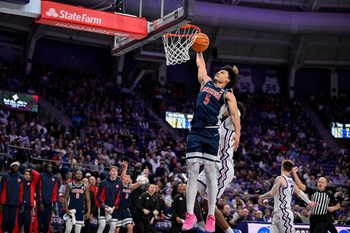 Jan 10, 2026; Fort Worth, Texas, USA; Arizona Wildcats guard Brayden Burries (5) dunks the ball during the game between the Horned Frogs and the Wildcats at Ed and Rae Schollmaier Arena. Mandatory Credit: Jerome Miron-Imagn Images