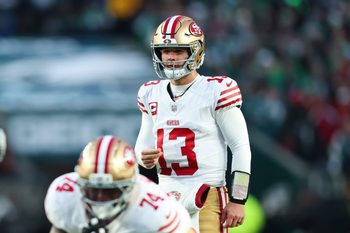 Jan 11, 2026; Philadelphia, PA, USA; San Francisco 49ers quarterback Brock Purdy (13) prepares to snap the ball against the Philadelphia Eagles in an NFC Wild Card Round game at Lincoln Financial Field. Mandatory Credit: Bill Streicher-Imagn Images