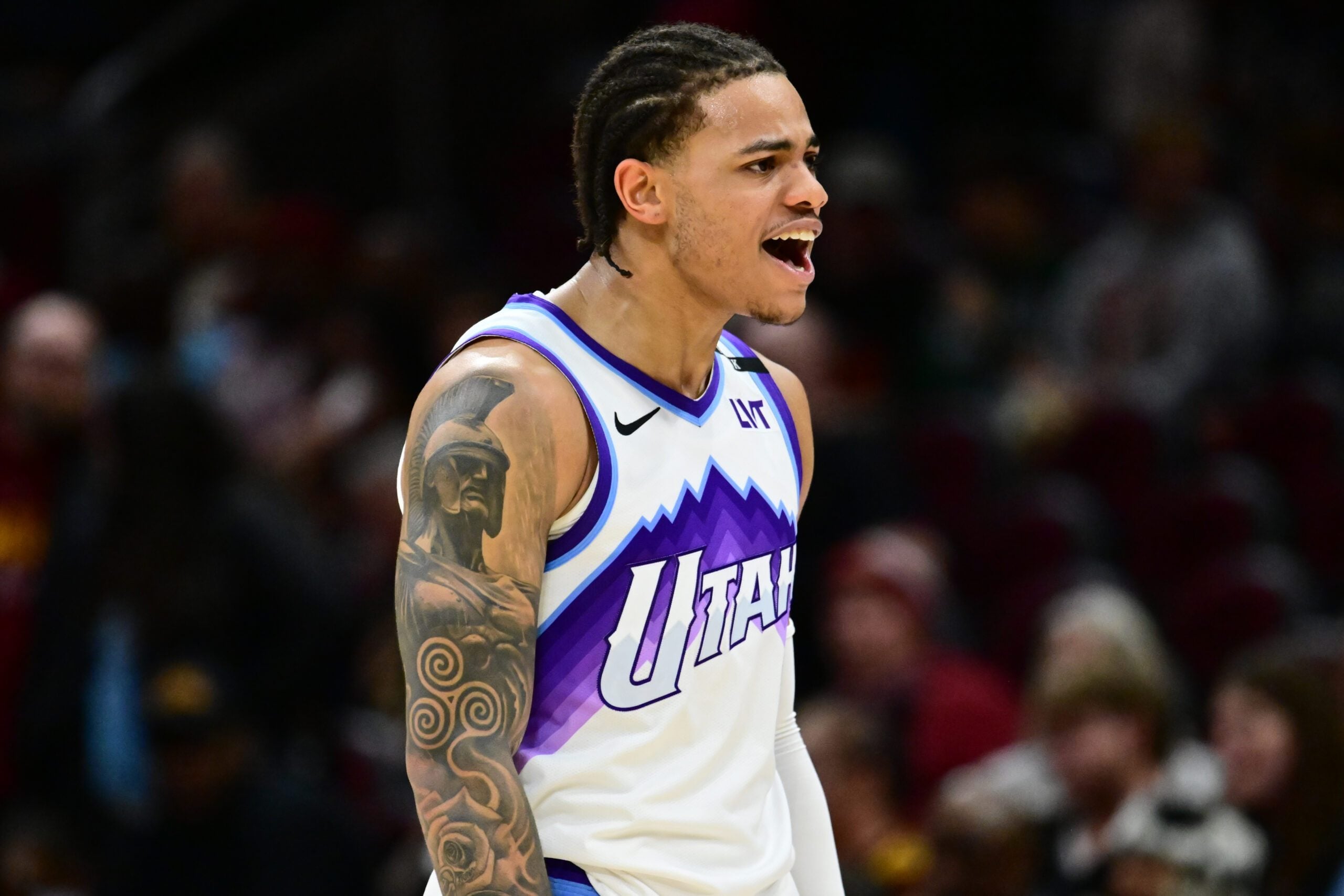 Jan 12, 2026; Cleveland, Ohio, USA; Utah Jazz guard Keyonte George (3) reacts after the game against the Cleveland Cavaliers at Rocket Arena. Mandatory Credit: Ken Blaze-Imagn Images