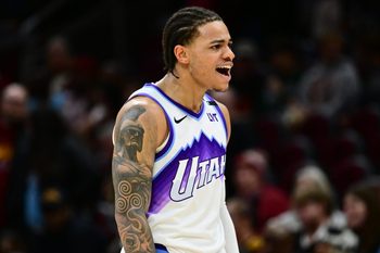 Jan 12, 2026; Cleveland, Ohio, USA; Utah Jazz guard Keyonte George (3) reacts after the game against the Cleveland Cavaliers at Rocket Arena. Mandatory Credit: Ken Blaze-Imagn Images